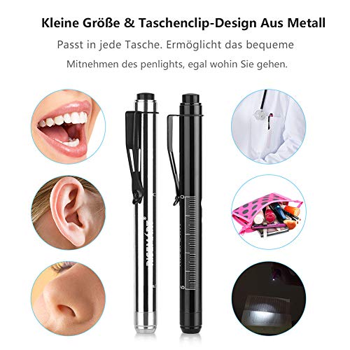 Diagnostic Light Pupil Light, RISEMART Pack of 2 Reusable LED Pen Lamp with Pocket Clip as Nurses Doctors Students Pen Light with 4 Batteries (Black and Silver) Black and silver