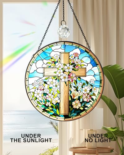 Stained Glass Cross Sun Catcher,Christian Gift(Cross Blue,7.8in) Cross Blue 7.8x7.8 IN