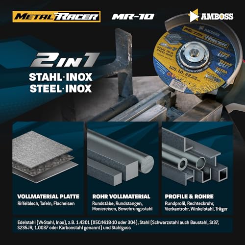 25x Metal Cutting Discs 125 x 1.0 mm Thin Flex Discs for Steel | Metal Racer by AMBOSS WERKZEUGE ist geeignet für Stahl & Edelstahl, Stahl/Inox Trennscheibe 125 passend für Winkelschleifer Diameter 125 mm – cutting disc Pack - 25 pieces