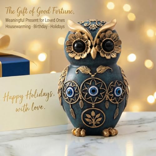 Blue Owl Statue with Evil Eye & Dreamcatcher Decor - 4.8" Resin Owl Figurine for Shelf, Desk & Living Room - Gold Accents Wisdom Bird Sculpture - Unique Boho Spiritual Protection Gift for Women, Mom Blue