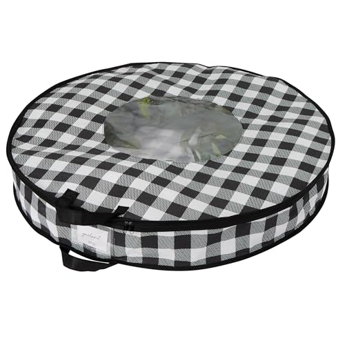 Organize It All Buffalo Plaid Set of Two 30" Wreath Bags | 2 Pack | Christmas Storage | Holiday Decorations | Protects Wreathes | Carrying Handles | Collapsible | Black and White