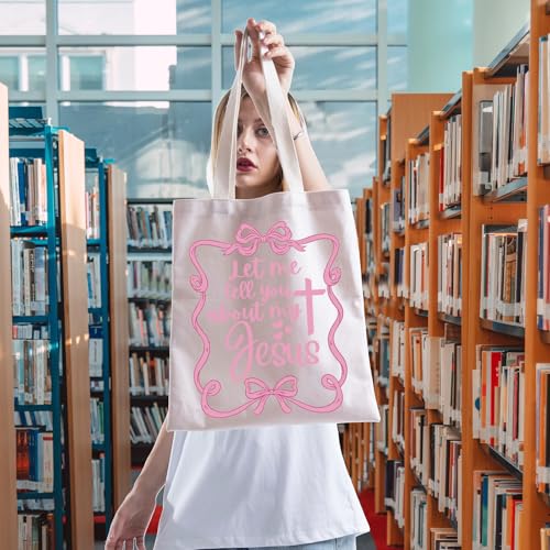FOTAP Christian Coquette Merch Girly Christian Cross Tote Bag Let Me Tell You About My Jesus Quote Handbag Baptism Religious Gift Myjesus Tuk