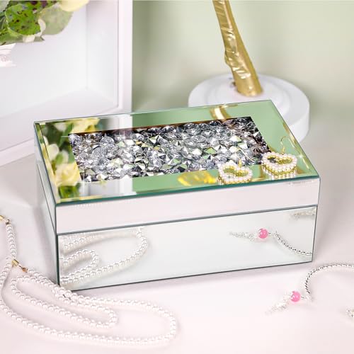 Luxury Mirrored Jewelry Box with Crushed Diamond - Glass Jewelry Box Organizer Storage for Women, Ring Holder Case for Dresser and Decorative Silver B