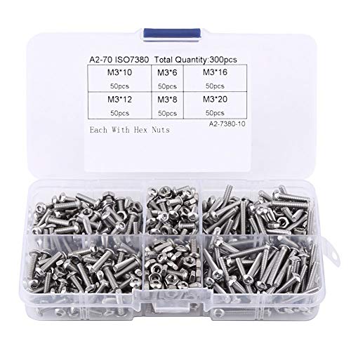300-piece M3 stainless steel button head hex socket screws and nuts assortment kit with storage box