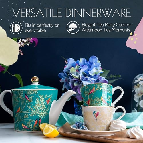 Portmeirion Sara Miller London Chelsea Teacup and Saucer, Green | 8 Oz Cup for Drinking Tea and Coffee | Made from Fine China with Gold Detail | Handwash Only