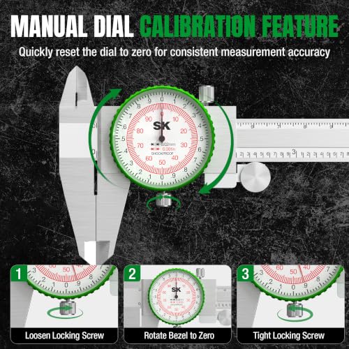 SK 6-inch/150mm dial caliper measuring tool with precision dial and ±0.001-inch/0.03mm accuracy