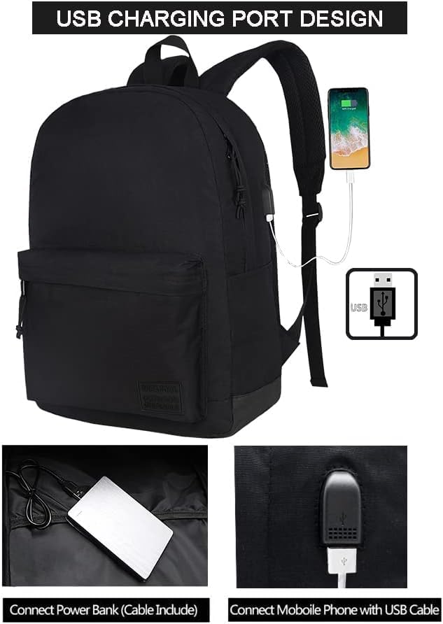 [Australia - AusPower] - SUPACOOL Lightweight Casual Laptop Backpack with USB Charging Port For for Men and Women, Daily use backpack, Backpack for College (Full Black) Full Black 