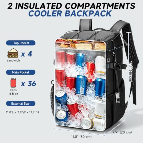 Waterproof Cooler Backpack, 36/50 Can Insulated Leakproof Cooler Bag Beach Black with Camping Mat 36 Can