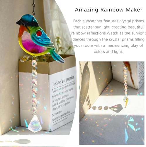 Stained Glass Bird Suncatchers with Crystal Prisms, Rainbow Light Effect Window Hanging Ornament for Christmas Tree, 21.2 Inch Length, Set of 2