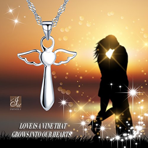 Infinite U 925 Sterling Silver Simple Angel Wings Cross/Crucifix Pendant Women Necklace with 45cm Chain (with Gift Bag)