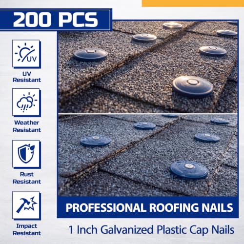 Junkin 200-pack blue plastic cap roofing nails, 1-inch round heads