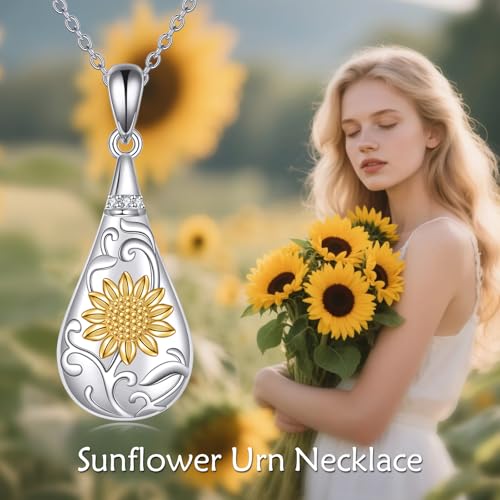 YFN Sterling Silver Sunflower Teardrop Urn Necklace - Cremation Jewelry for Ashes, Memorial Keepsake Pendant with Heartfelt Gift Box