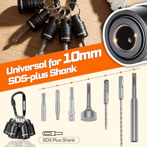Geinxurn 10Pcs SDS Shank Bit Holder Keychain Set, Heavy Duty Quick Release Drill Bit Storage Organizer with SDS Plus Rotary Hammer Drill Bits Set for Electricians, Construction Worker 10