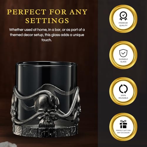 Skull & Snakes Pewter Glasses Set of 2, 12.5oz Gothic Whiskey, Wine, Beer & Water Cups, Spooky Crystal Old Fashioned Tumblers, Elegant Barware Gifts for Men & Women, Haunted Skull Decor Gift Skull and Snakes