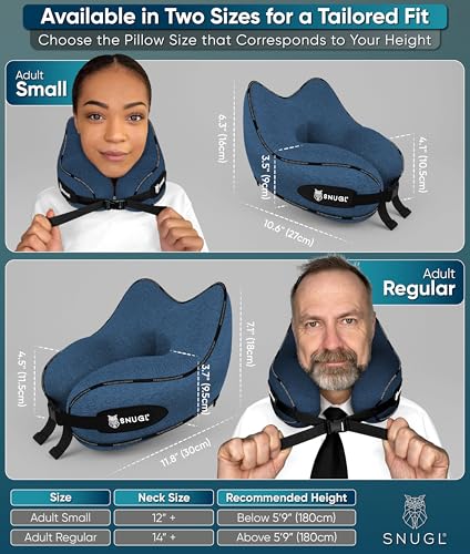 SNUGL Travel Pillow – Memory Foam Pillows - Neck Pillow for Airplane with Carry Bag & Clip – Neck Support Pillows for Pain Relief - Airplane Travel Essentials Adult Regular Blue