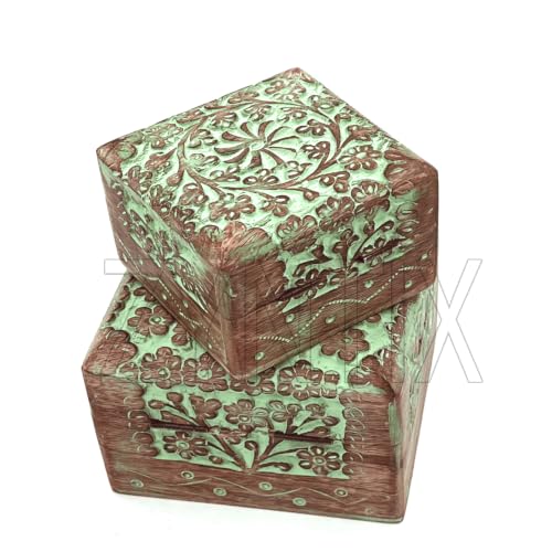 Mango Wood Pack of 2 Antique Jewelry Organizer - Mango Wood Jewelry Box for Women, Decorative Storage Solution with Elegant Design and Craftsmanship, Ideal for Home and Gift Use (Green)