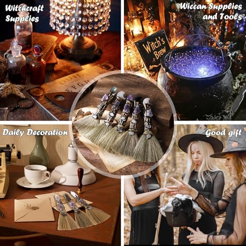 RENEMEGO Witch Crystal Altar Broom - Witchcraft Supplies Wiccan Decor Altar Supplies with Moon Black Obsidian Natural Healing Crystals Reiki Energy Emotional Regulation Wealth Attraction Crafts