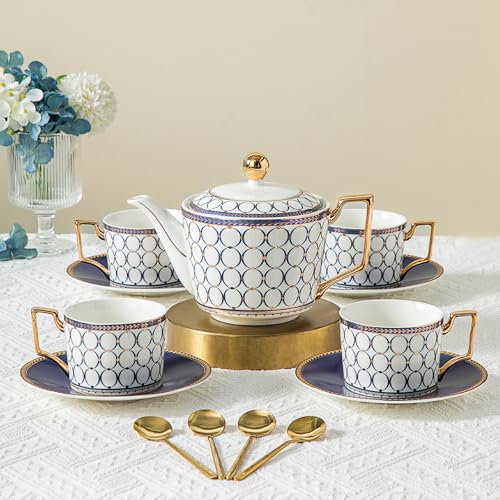 CwlwGO-Bone China Cups & Saucers Set 2, (7 oz) with Gold Spoon and Gifts Box, White Tea Cups Sets, Cappuccino Cups, Ceramic British Coffee Cup Set. blue white-2