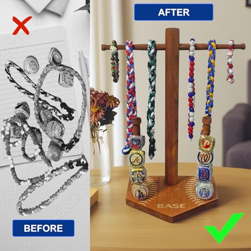 Wooden Baseball Drip Necklace Display Holder, Championship Rings Display Organizer (for ring size 9 or larger), Bonus 50Pcs Baseball Stickers, Greeting Card and Gift Box Wood Classic