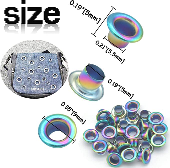 Metal Eyelets Hole Kit Metal Grommets Eyelets 200 Sets Grommet Tool Kit for Leather Clothes Belt (Rainbow 5mm) Rainbow 5mm