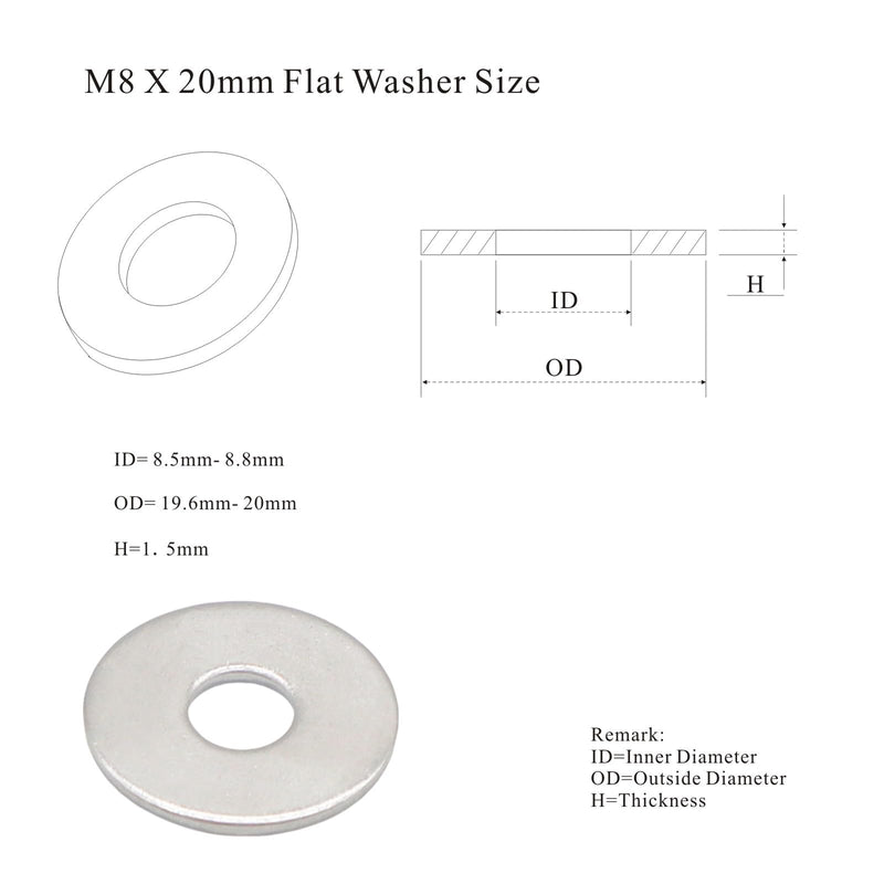 [Australia - AusPower] - M8 x 20mm Flat Washer, 304 Stainless Steel Washers Flat, M8 Washers Flat OD 20mm | Thickness 1.5mm; 100Pcs M8*20 -100pcs 