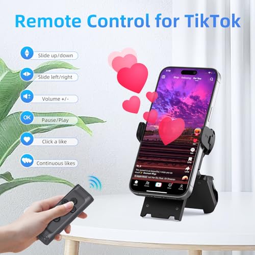 MILOUZ Remote Control Scrolling for Tiktok with Phone Stand,Page Turner for Kindle App E-Book,Bluetooth Camera Shutter Remote for iPhone, Android,iOS,iPad,Tablet (Black) Black