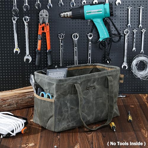 Kaaltisy army green 16oz waxed canvas tool tote bag with 8 pockets and metal support rods