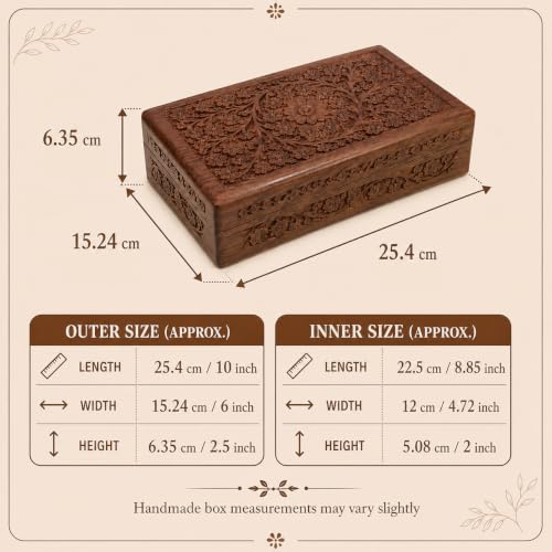 Ajuny Wooden Handcarved Decorative Jewelry Storage Box Flower Design Multipurpose Treasure Chest Keepsake Organizer Necklaces Watch Boxes Great for Gifts 10x6 Inch 10 x 6 Inch