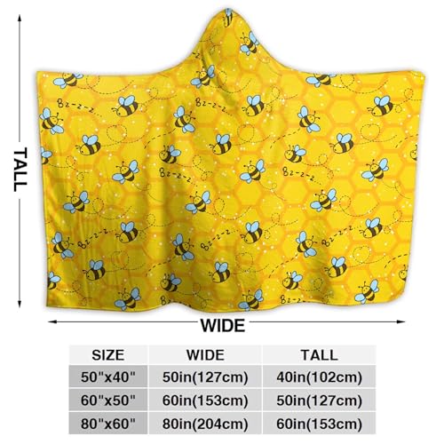 Honeycomb Cute Bee Yellow Hooded Blankets for Couch Sofa Throw Bees Wearable Blanket Super Soft Lightweight Warm Gift for Kids Women - 50"x60" for Teens Honeycomb Cute Bee Yellow