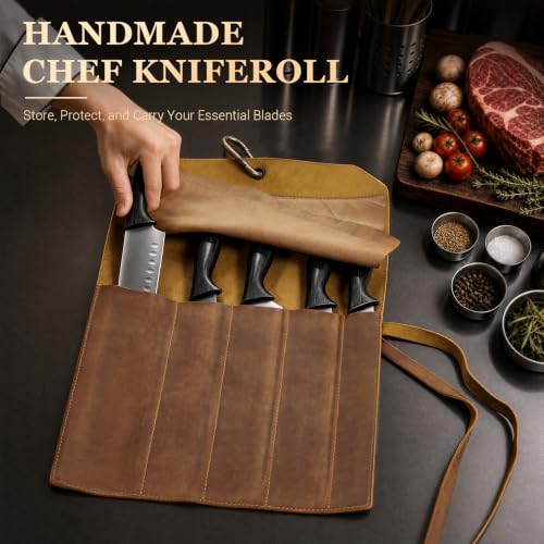 CoBak Genuine Leather Knife Roll Bag, 5-Slot Chef Knife Case with Hook