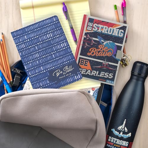 Christian Art Gifts Slim Stainless Steel Water Bottle For Boys: Strong & Courageous Inspirational Scripture, Double Wall Vacuum Insulated, Navy Blue Space Design, 17 oz. Navy Blue/Strong & Courageous