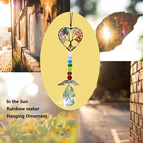 Healing Crystal Decor Tree of Life Car Hanging Accessories Suncatcher with Wings 7 Chakras Window Wall Hanging Decor Meditation Ornaments Home Decoration Heart