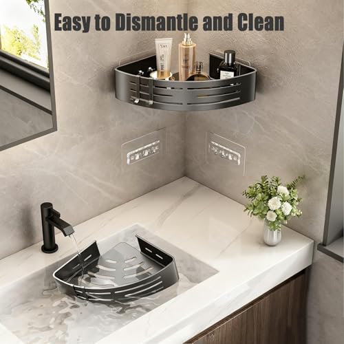 NOETICUS Corner Shower Caddy, 2 Pack Aluminum Alloy Shower Shelves with Adhesive Stickers, No Drilling, Removable Organizer with Towel Bar & Hooks