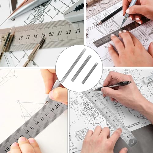 Set of 3 Stainless Steel Rulers, Metal Ruler Set 15/20/30 cm, Steel Ruler Double Sided Scale Edge Centimeter & Inch Steel Ruler Measuring Tool Precision Ruler for Engineering Teaching Office Office School silver