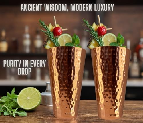 SYTH 100% Pure Copper Luxury Tumblers Set of 2 –18 Oz Large Drinkware Glass for Cocktails, Iced Tea, Moscow Mule, Water, Ayurvedic Detox, Handcrafted Hammered Copper Cups | Luxury Gift Packaging| (2)