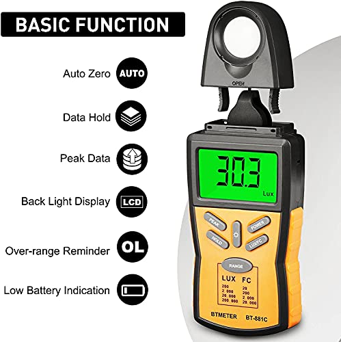BTMETER BT-881C digital illuminance light meter, yellow lumen/FC photometer tester
