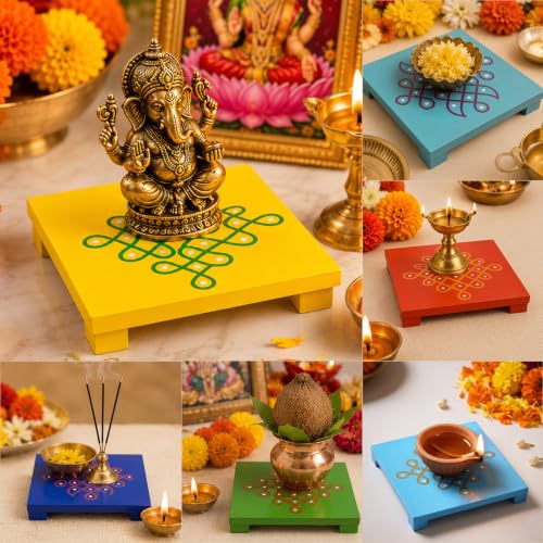 Kathfly 6 PCS Diwali Wooden Pooja Stand, 5 inch Puja Chowki Gifts Colorful Square