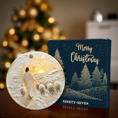 Jesus Leads Lost Lambs Ornament 2025 - Christianity Good Shepherd - Christian Christmas Ornament for Tree - Religious Gifts for Women & Men - Christian Religious Ceramic Ornament
