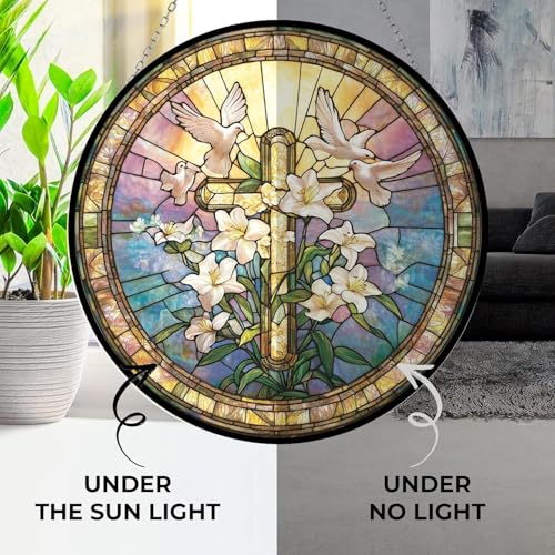 8 inch Cross Sun Catcher 2D Flat Acrylic Round Sign Jesus Cross Art Patterns Faux 3D Christianity Religious Pendant Plate,Home,Garden,Room,Church,Holy Week Easter Decor with Ring