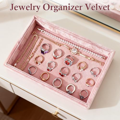 DYNWAVE Jewelry Organizer Jewelry Drawer Insert High End Velvet Jewelry Display Holder Jewelry Storage for Home Gifts for Girls Women Pink Necklace Tray