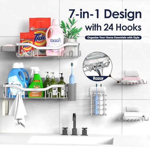 NESOMI Shower Caddy Adhesive Shower Organizer 7-Pack, Rustproof Stainless Steel Bathroom Shelves, Large Capacity No-Drill Rack Storage Accessories with Soap Dish Toothbrush Holder Hooks Silver 7-Piece Set