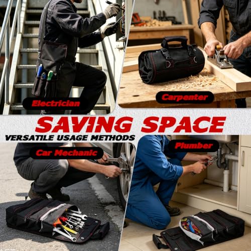 LIBKUR black tool roll bag with 13 pockets and clear pouches rolled open
