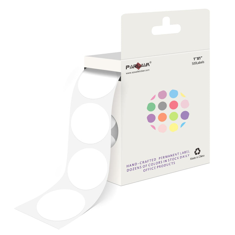PARLAIM White Dot Sticker 1 inch 500Pcs Round Color Code Label Circle Dots w/Hanging Box for Home,Inventory,Business 1 Roll-500PCS