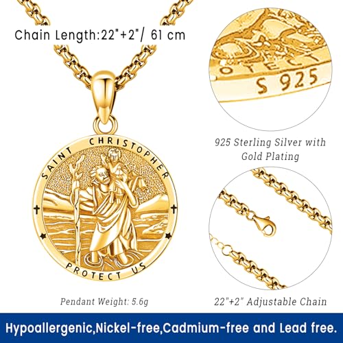 Eusense Saint Necklace Sterling Silver 925 Protection Jewelry for Men Women Patron St Medals Amulet Pendant Gold E-St Christopher
