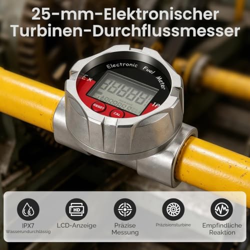Flow Meter, 1 Inch Stainless Steel Digital Electronic LCD Flow Meter Turbine Meter for Liquid Water Petrol Kerosene Oil Liquid Measurement Waterproof Range is 10-100Ll/min