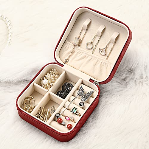 TRODANCE Mini Jewelry Case, Small Travel Jewelry Organizer, Portable Jewelry Box Mini Storage Organizer Display Box For Rings Earrings Necklaces (Red-4pcs) 4 packs - Red