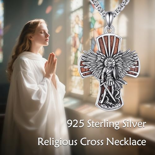 DAYLINLOVE Wooden Cross Necklace 925 Sterling Silver Real Ebony Saint Michael/Virgin Mary/Nail/Jesus/Crucifix/Crown of Thorns/Fish Hook/Gym Pendant Christian Catholic Jewellery Gifts for Women Men