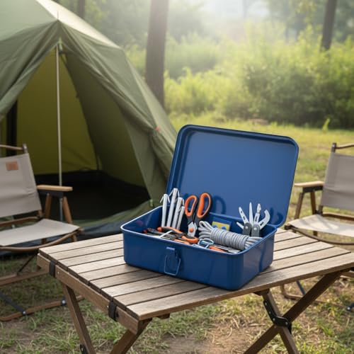 Housoutil blue portable metal tool box with hand-carry handle for repair tools and hardware storage