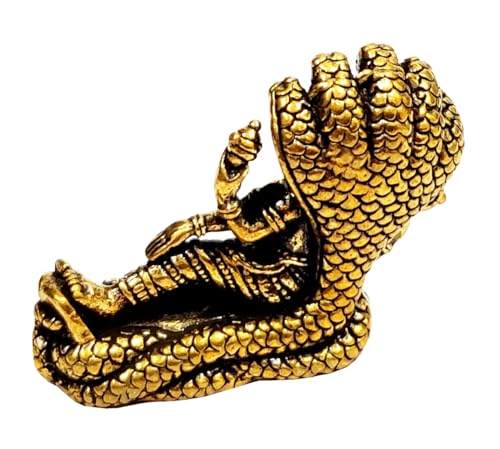 Purpledip Rare Miniature Brass Idol Vishnu Resting on Sheshnag Serpent in Ananthasayanam Pose: Collectible Statue with Detailed Very Fine Workmanship (12698T)