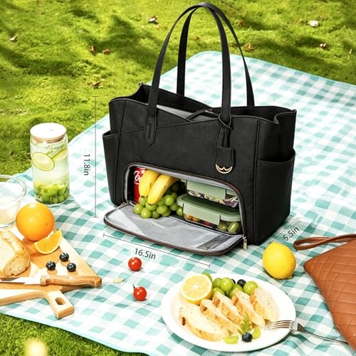 LOVEVOOK Lunch Bag for Women,2 in 1 PU Work Tote Bag with Lunch Compartment with Giant Tumbler Side Pocket, 15.6" Laptop Tote Bag with Padded Sleeve for Teacher,Nurse,College Black/Pinkish white/Dark amber 15.6 Inch